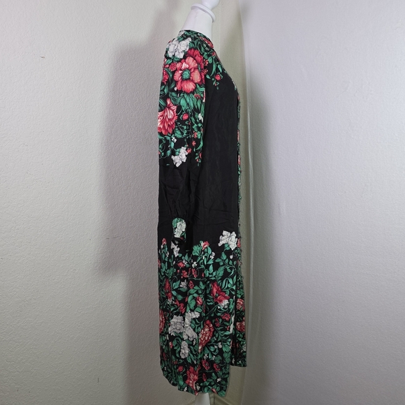 Anthropologie Floral Midi Dress Kimono Style Long Sleeve Black Multicolor Small - Picture 2 of 13